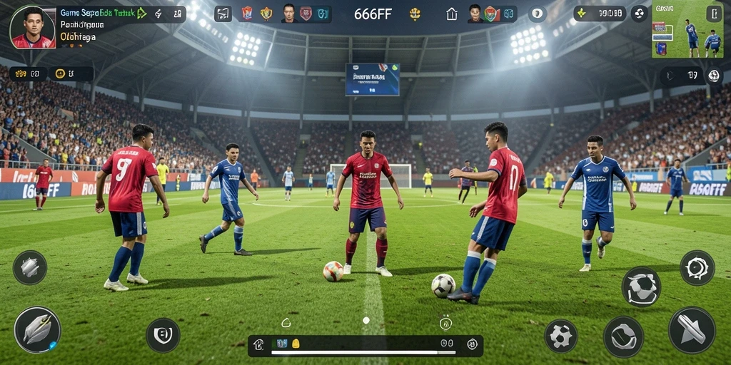 Screenshot utama gameplay sepak bola yang menegangkan.