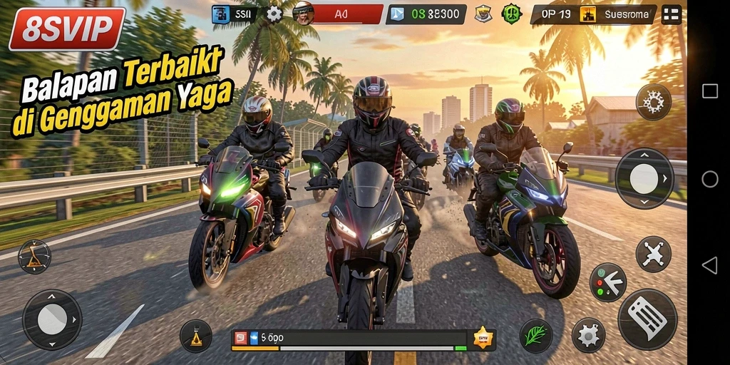 Screenshot gameplay 8SVIP yang menunjukkan aksi balapan motor mendebarkan.