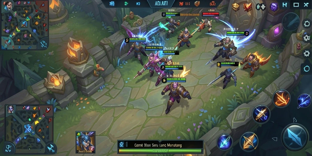 Tangkapan layar utama ADAM77 yang menunjukkan pertarungan seru di arena MOBA.