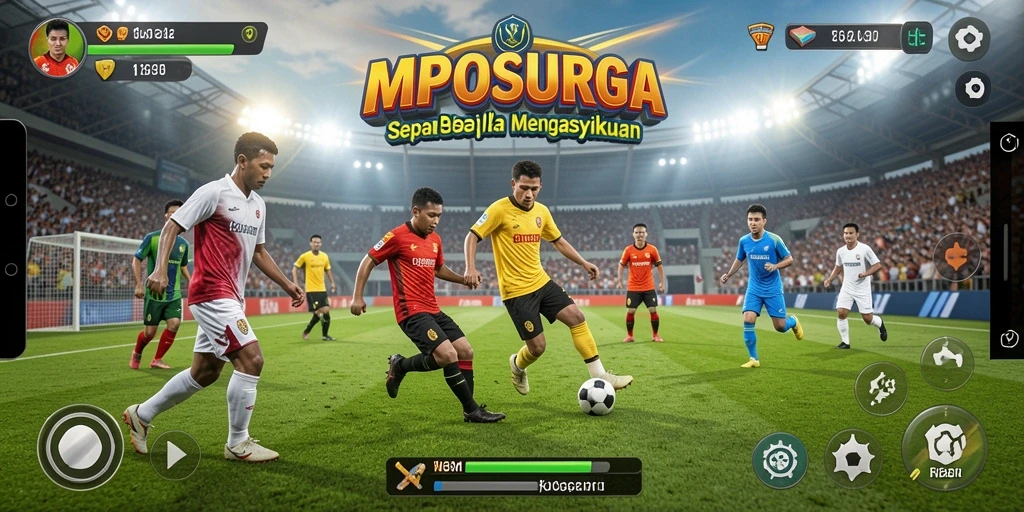Screenshot gameplay MPOSURGA menampilkan aksi sepak bola yang mendebarkan.
