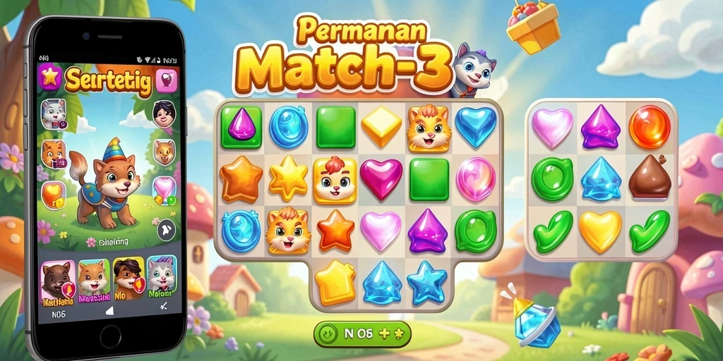 Tangkapan layar N06 menunjukkan aksi seru dalam permainan Match-3.