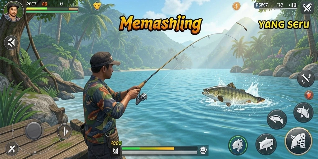 Screenshot gameplay PCPC7 menampilkan aksi memancing yang mendebarkan.