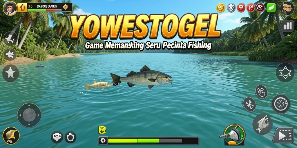 Tampilan gameplay seru YOWESTOGEL saat pemancing menarik umpan.